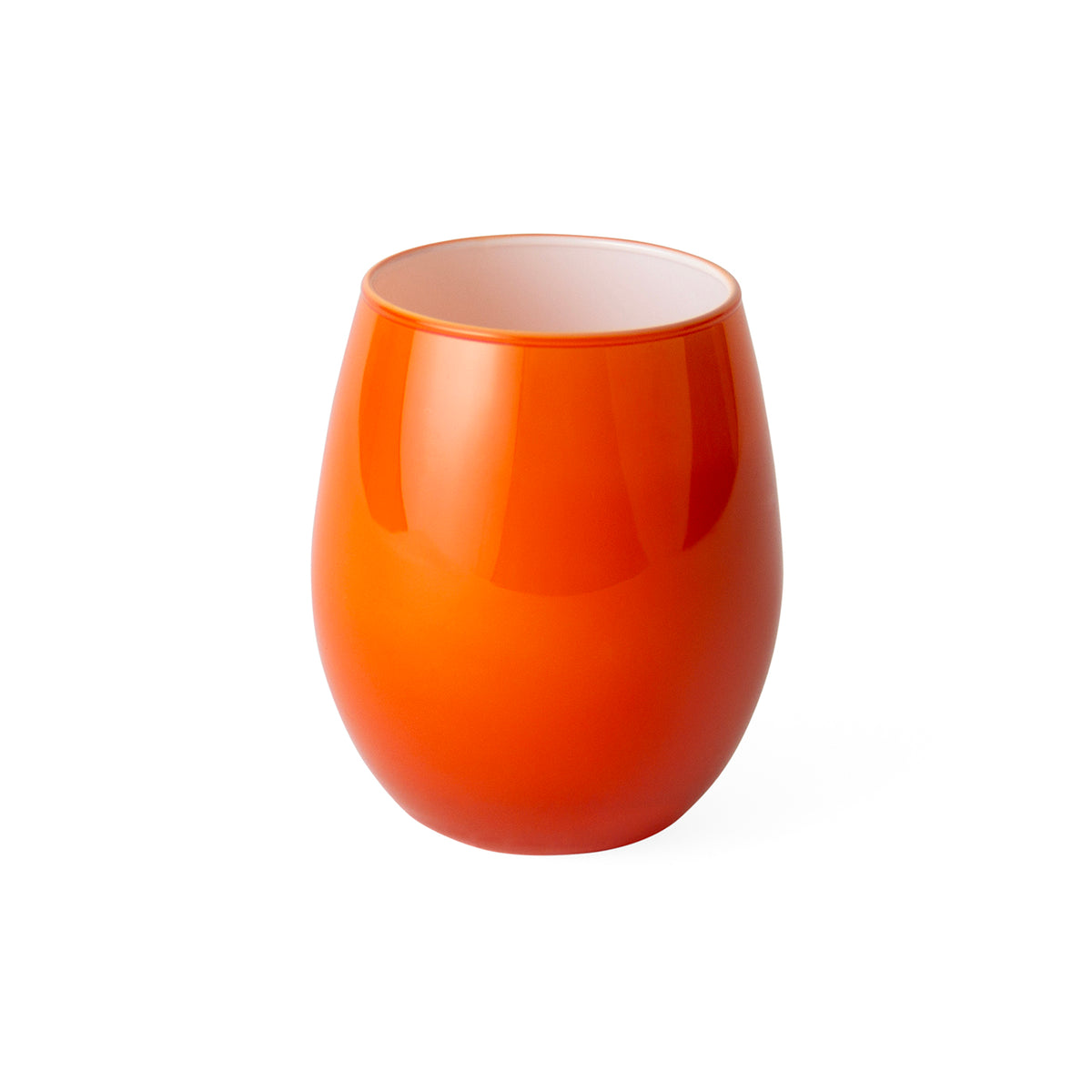 A glossy orange stemless wine glass with a rounded, ergonomic shape, shown on a clean white background.