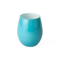 A glossy ceramic stemless wine glass in a vibrant turquoise blue color, shown on a clean white background.