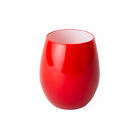 A glossy red stemless wine glass with a rounded, bulbous shape, shown on a clean white background.