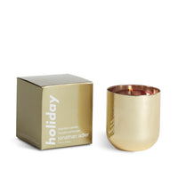 holiday pop candle glass gold wax red with open box - angle view