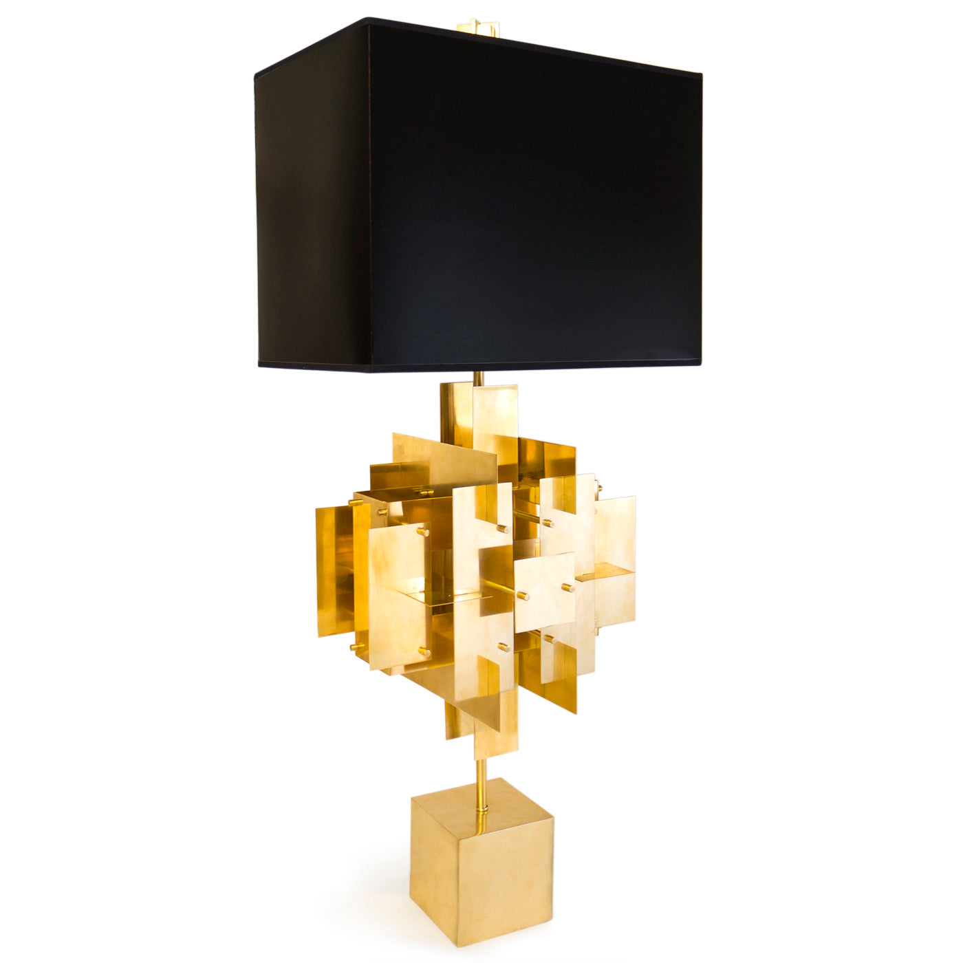 puzzle table lamp brass shade black linen - angle view