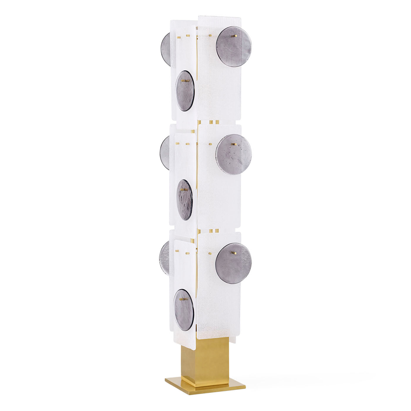 Tall floor lamp with circular design elements on a white background