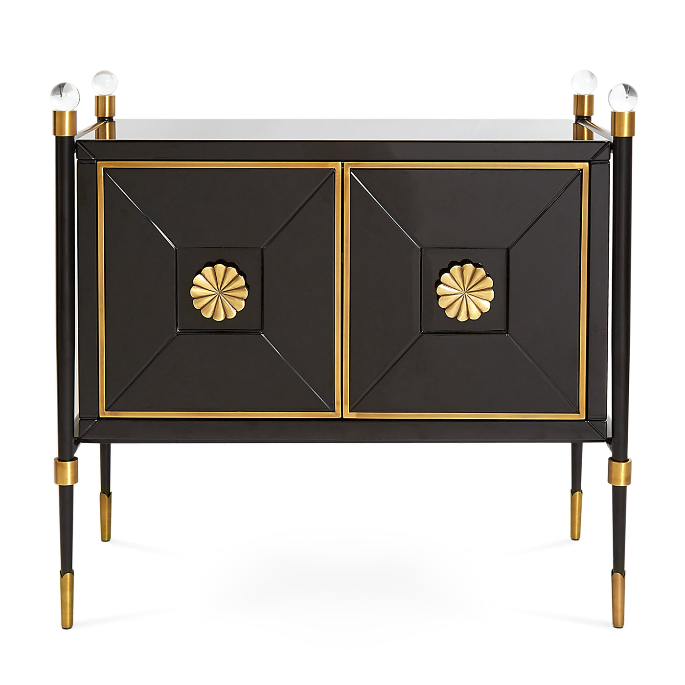 Black cabinet with gold accents on a white background