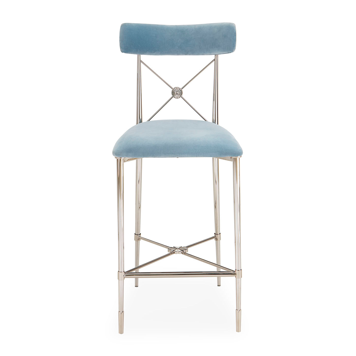rider counter stool rialto sky blue velvet nickel frame - front view
