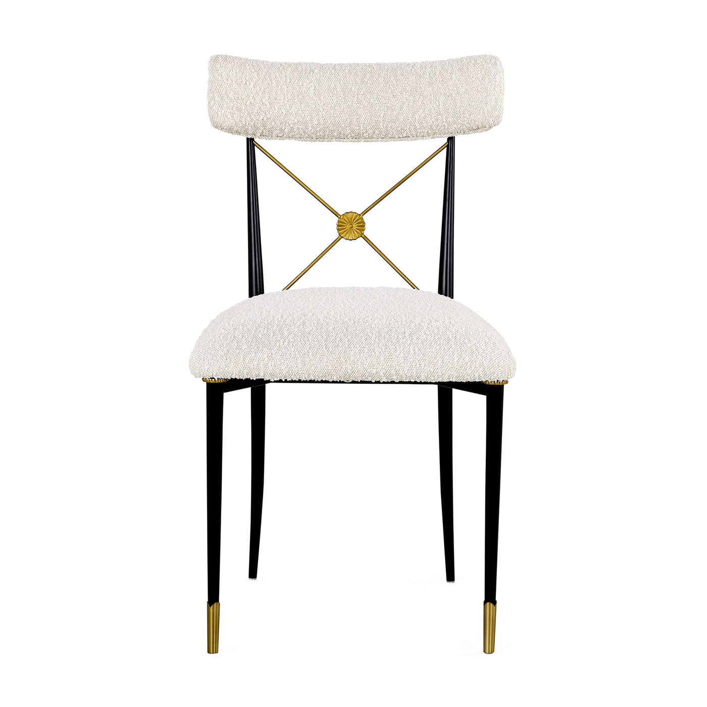 Decorative chair with white cushioned seat and backrest, black legs, and gold accents on a white background