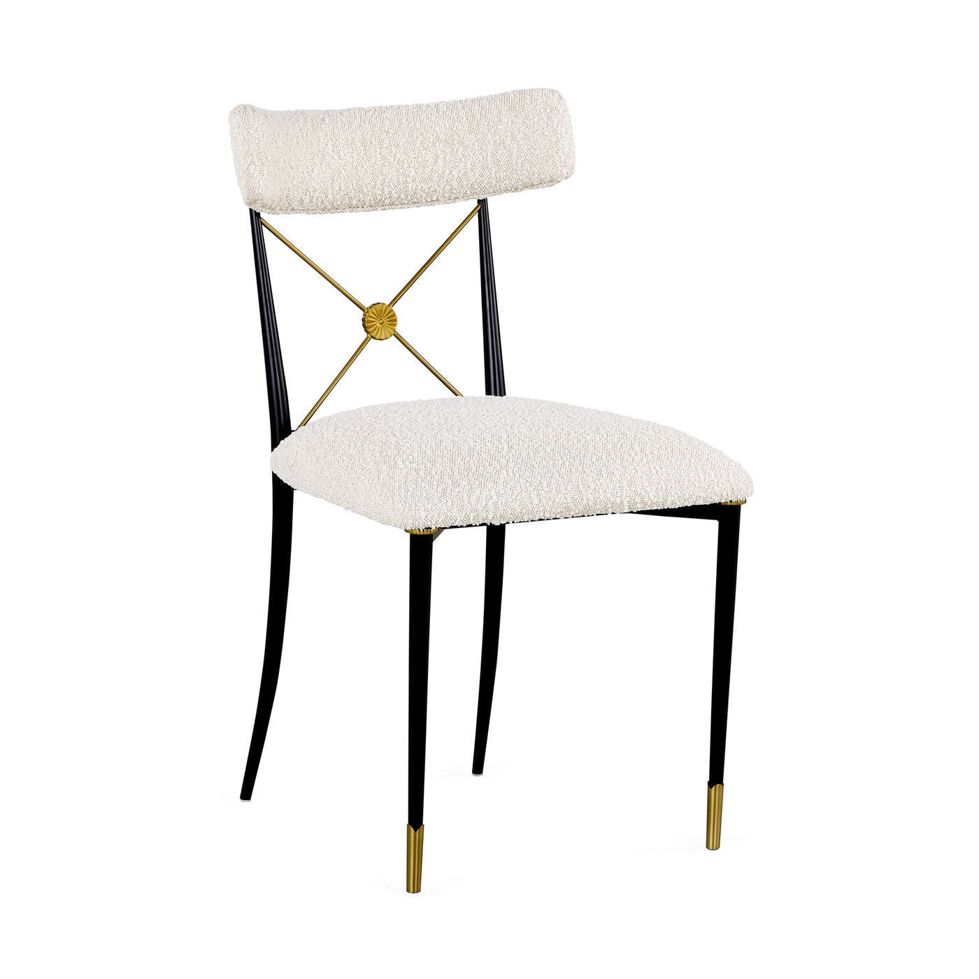 Chair with white cushioned seat and backrest, black legs, and gold accents on a white background