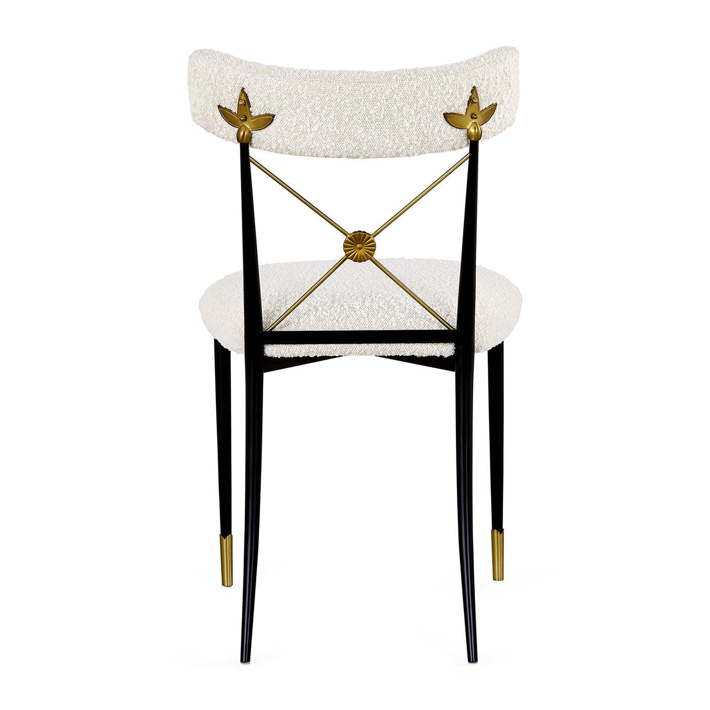 Chair with white cushioned backrest and seat, gold accents, on a white background