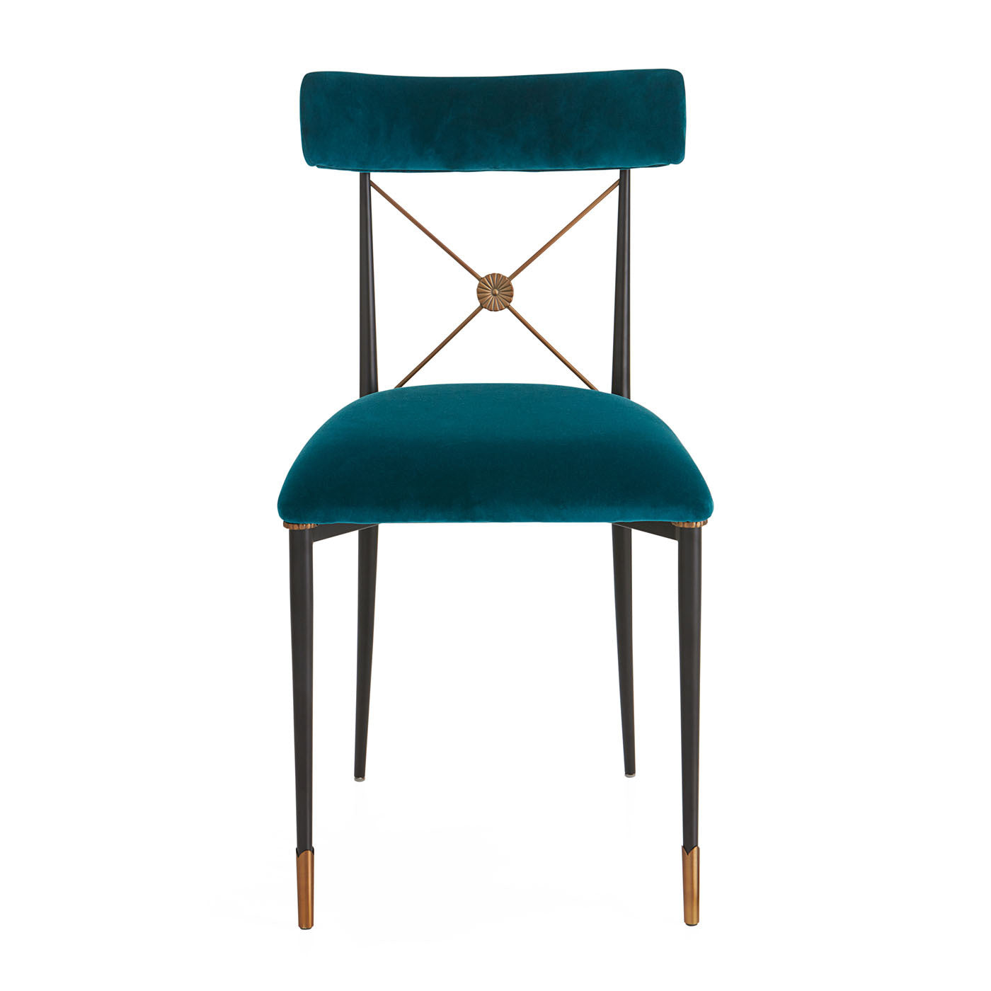 Teal velvet chair with black metal legs on a white background