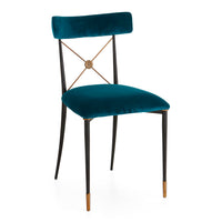 Teal velvet chair with black metal legs on a white background