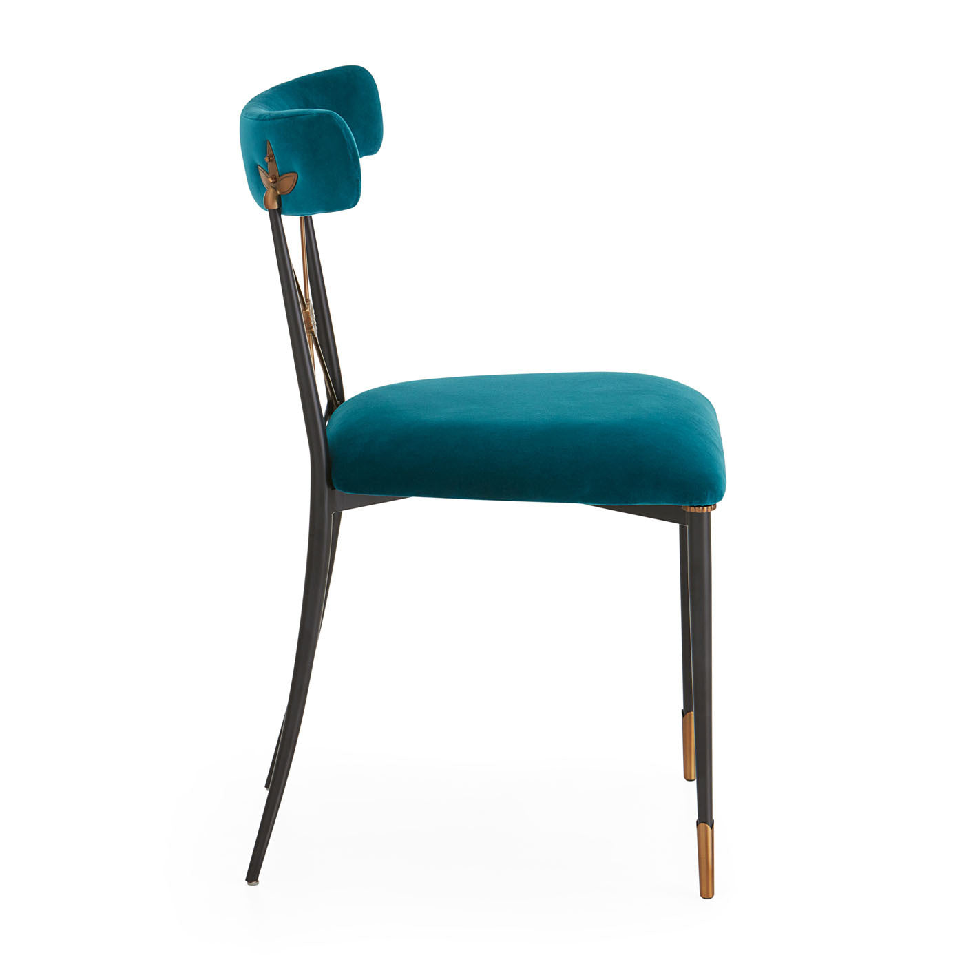 Teal chair with black legs on a white background