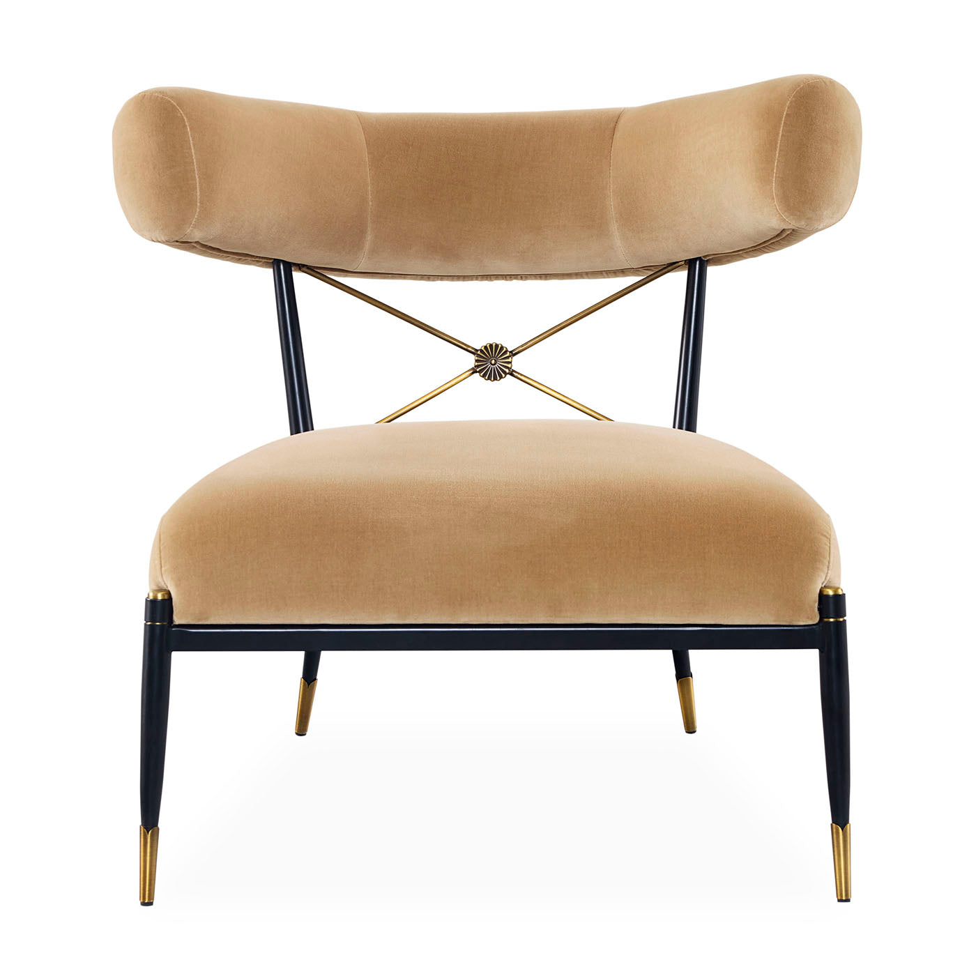 Beige velvet chair with black metal legs and gold accents on a white background