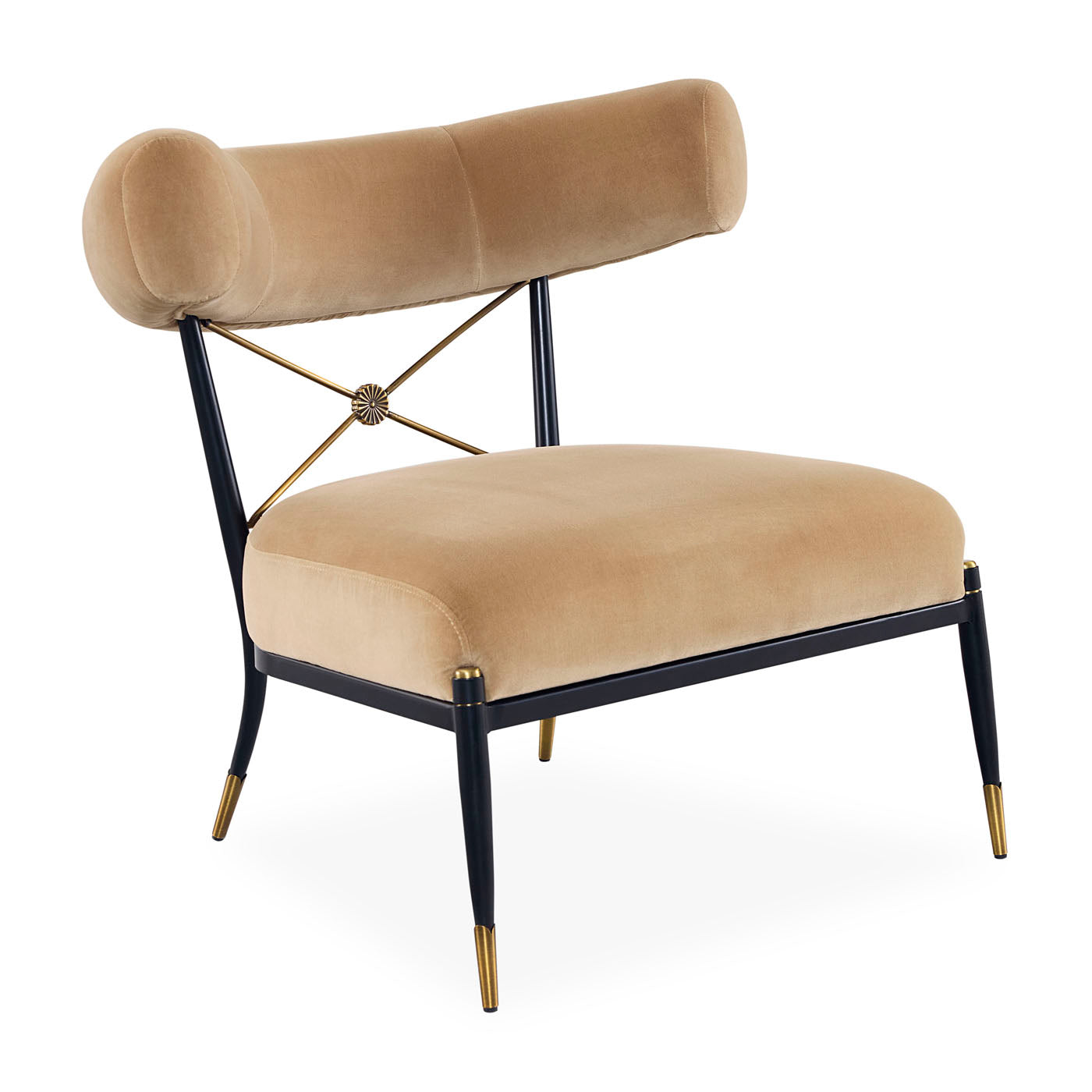 Beige armchair with black metal frame and gold accents on a white background