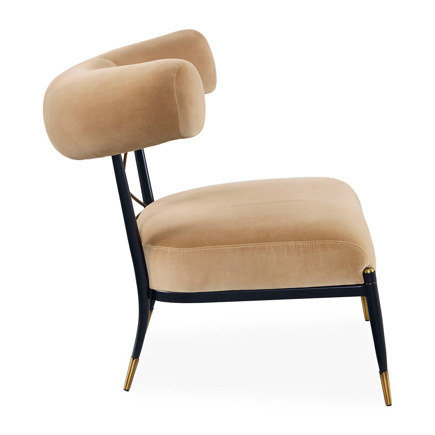 Beige armchair with black metal frame on a white background