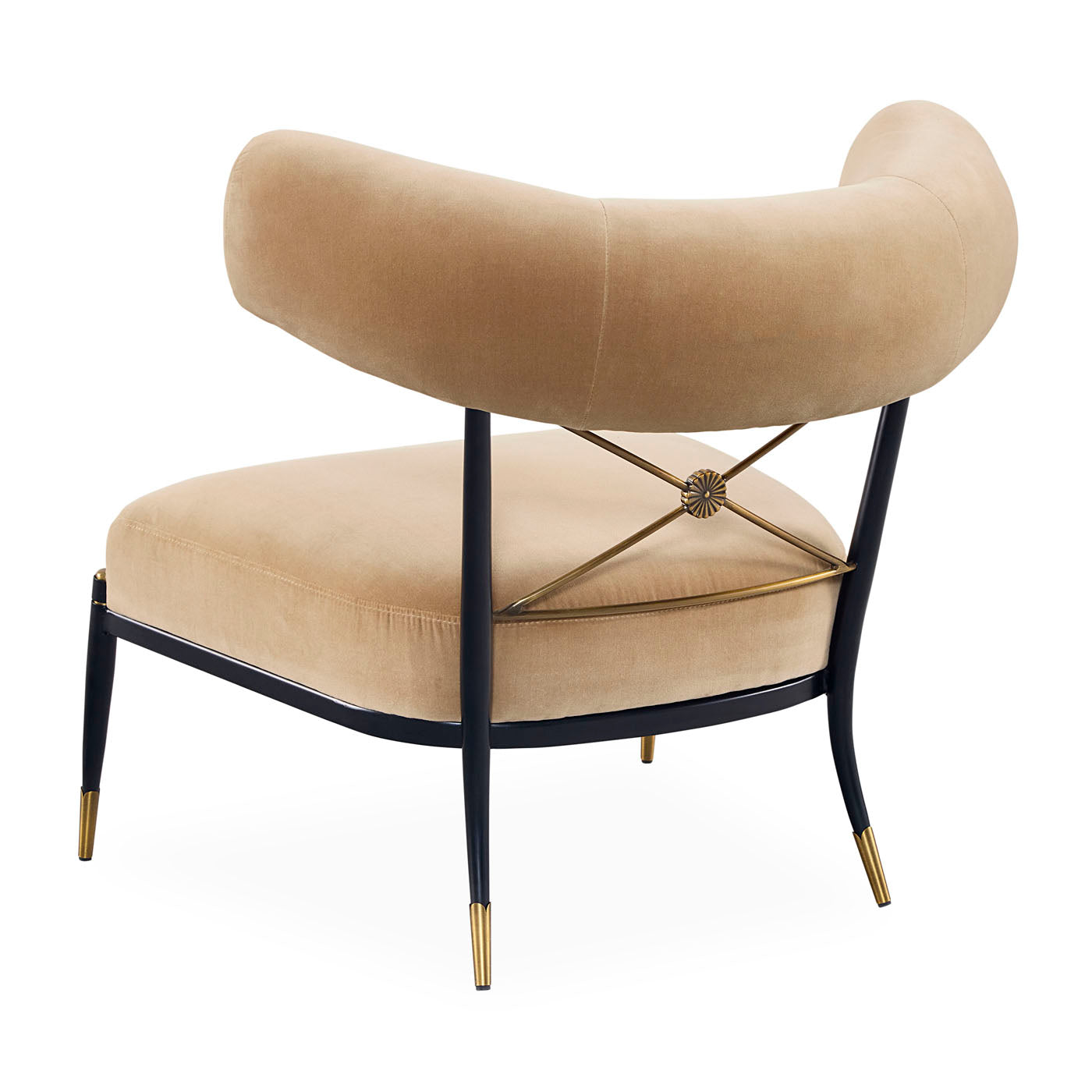 Beige chair with black metal frame and gold accents on a white background