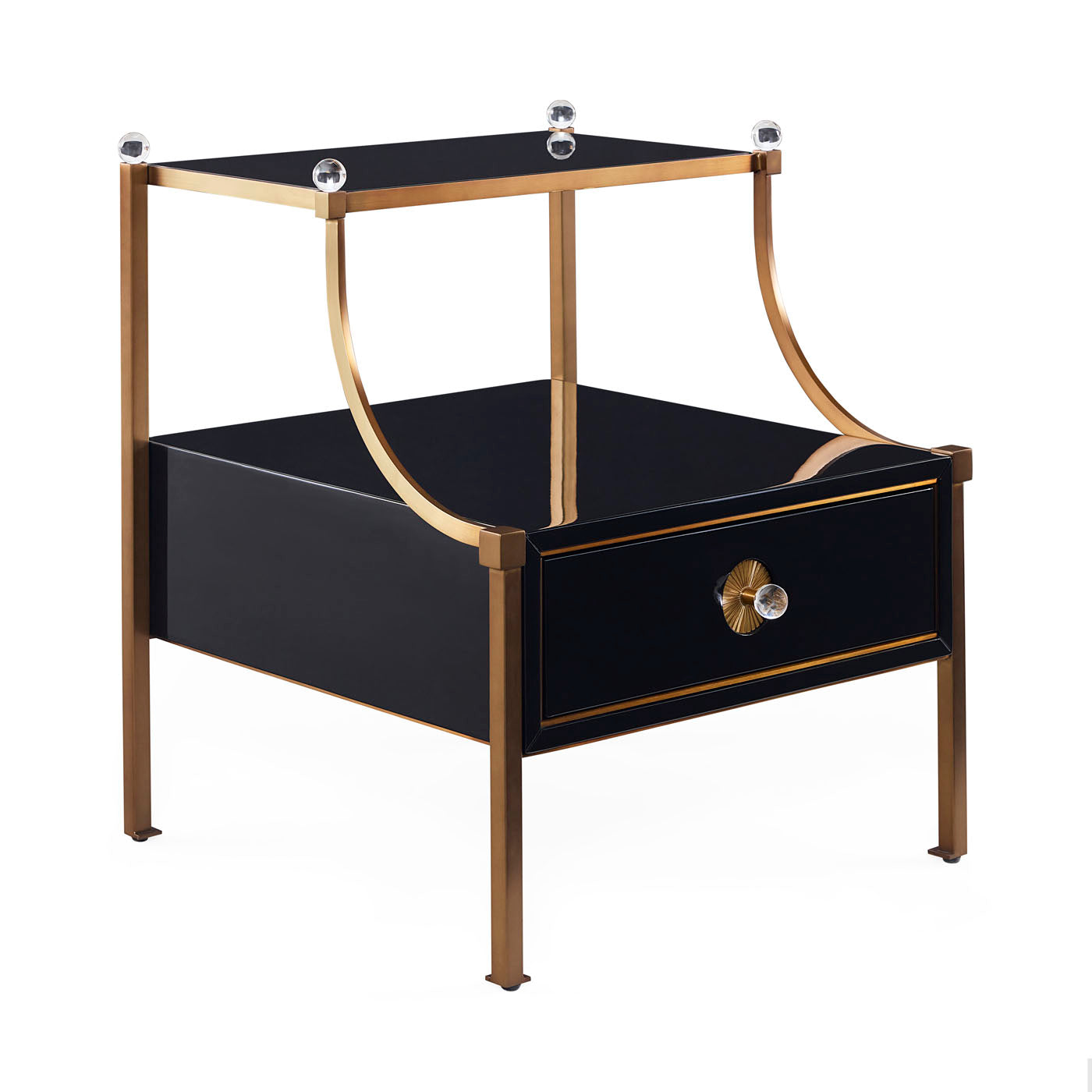 Black side table with gold accents on a white background