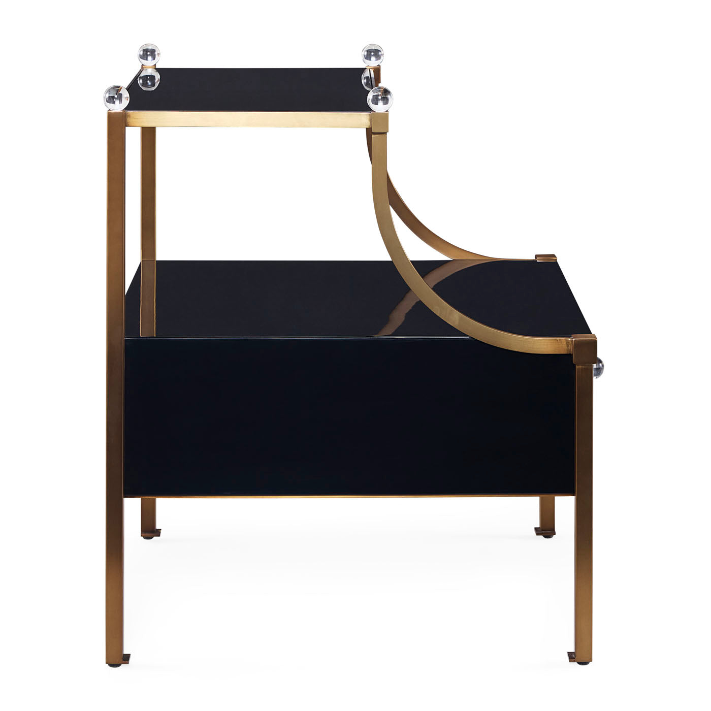Black and gold side table with curved design on a white background