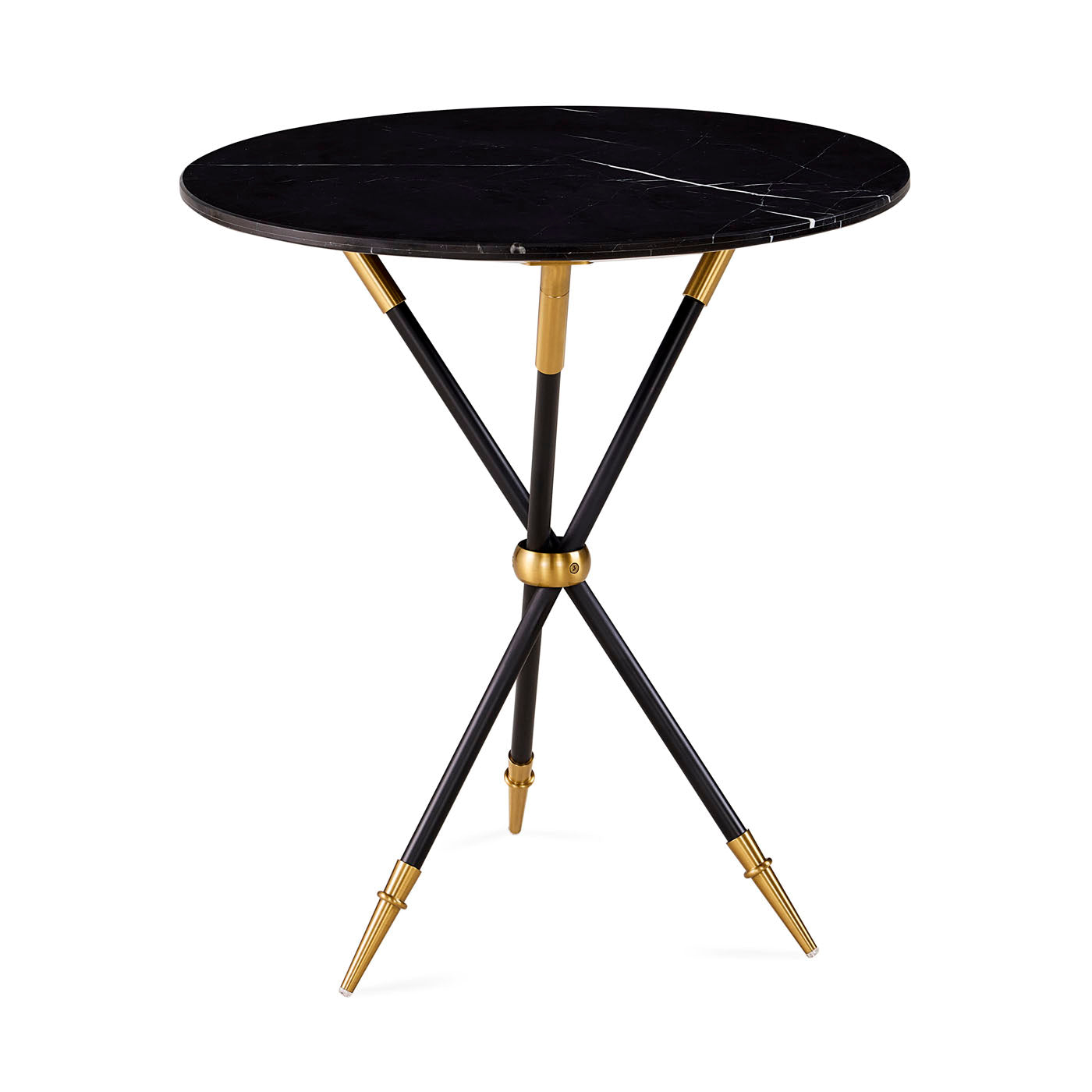 Round black marble table with gold accents on a white background