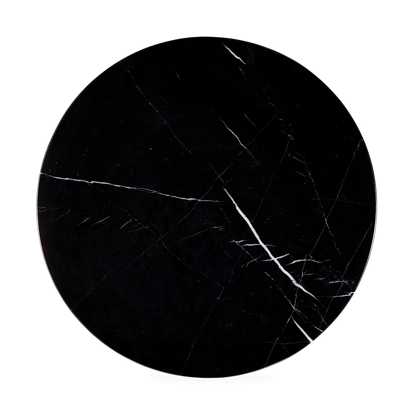 Round black marble coaster with white veins on a white background