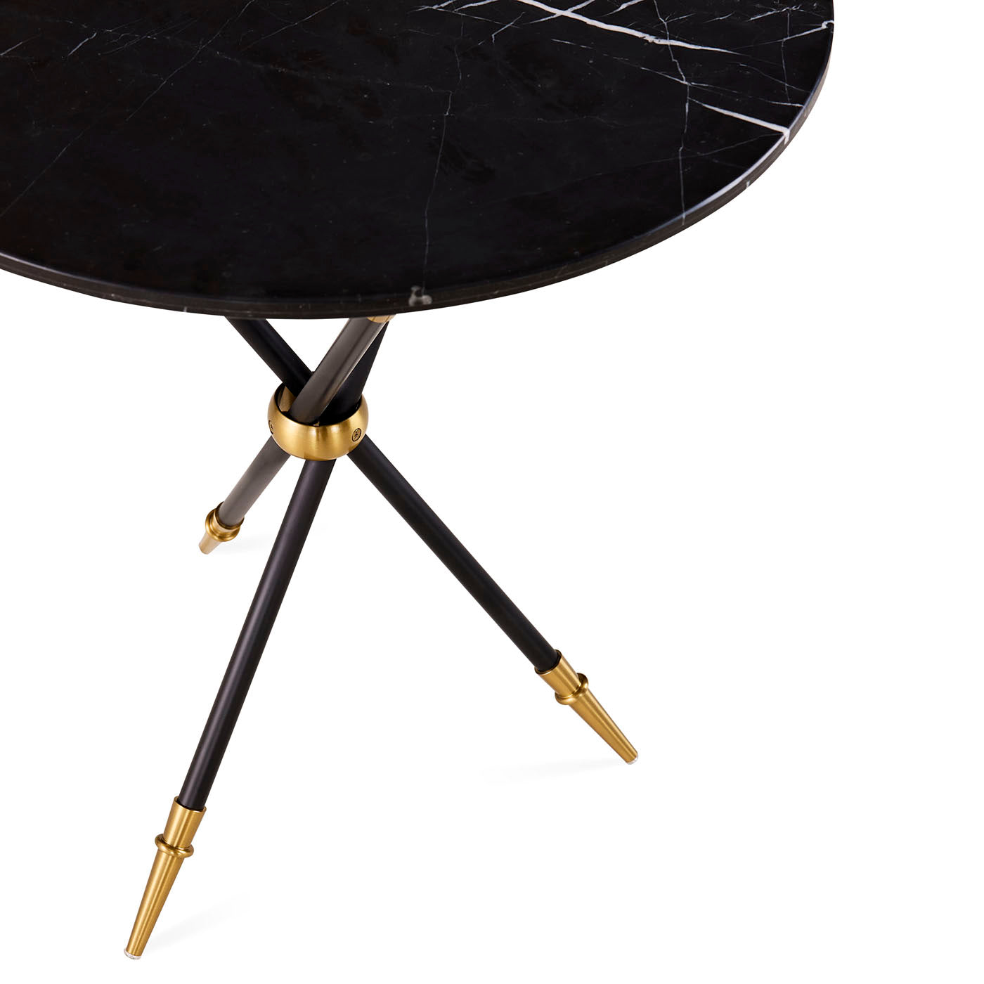 Black marble side table with gold accents on a white background