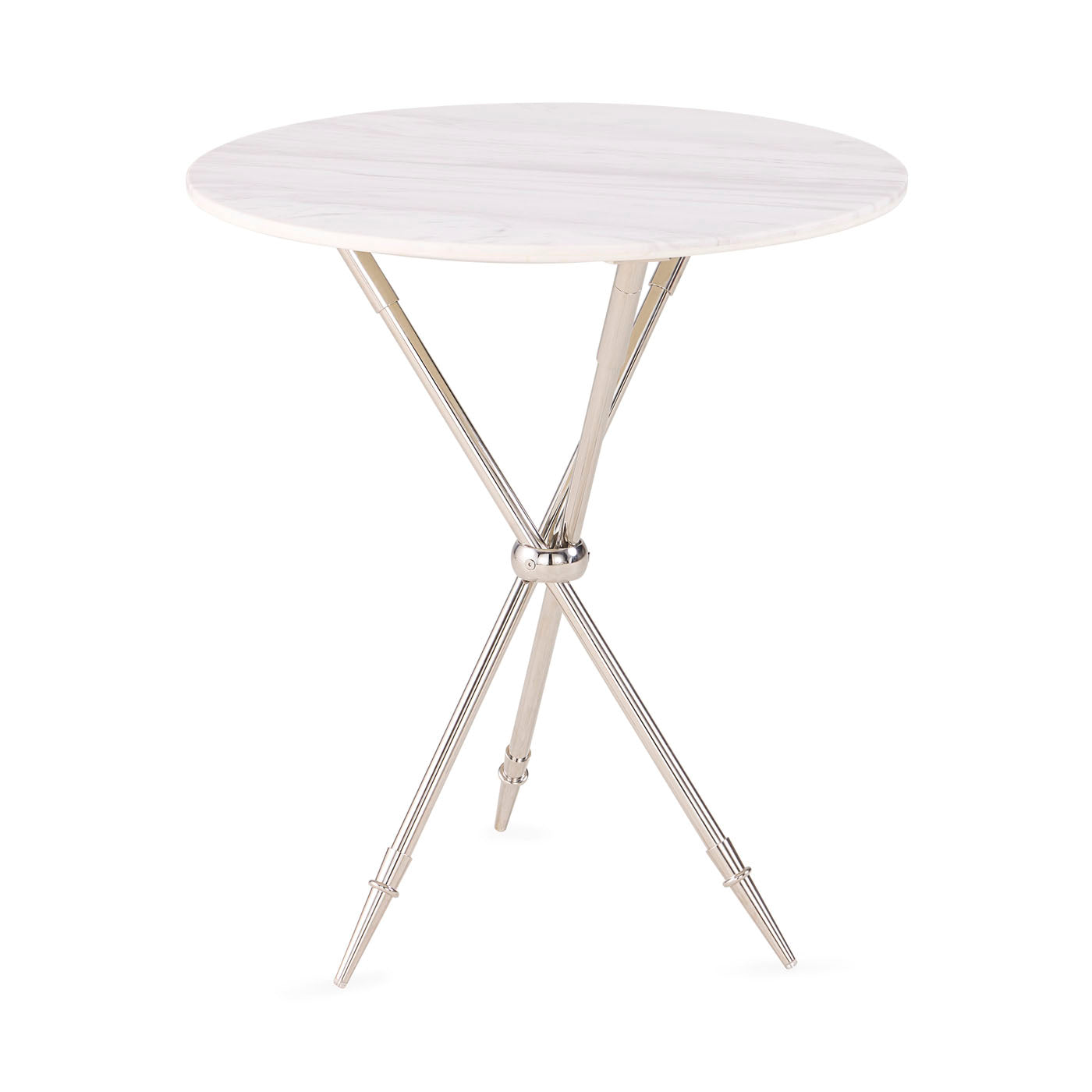 Round table with a white marble top and metallic base on a white background