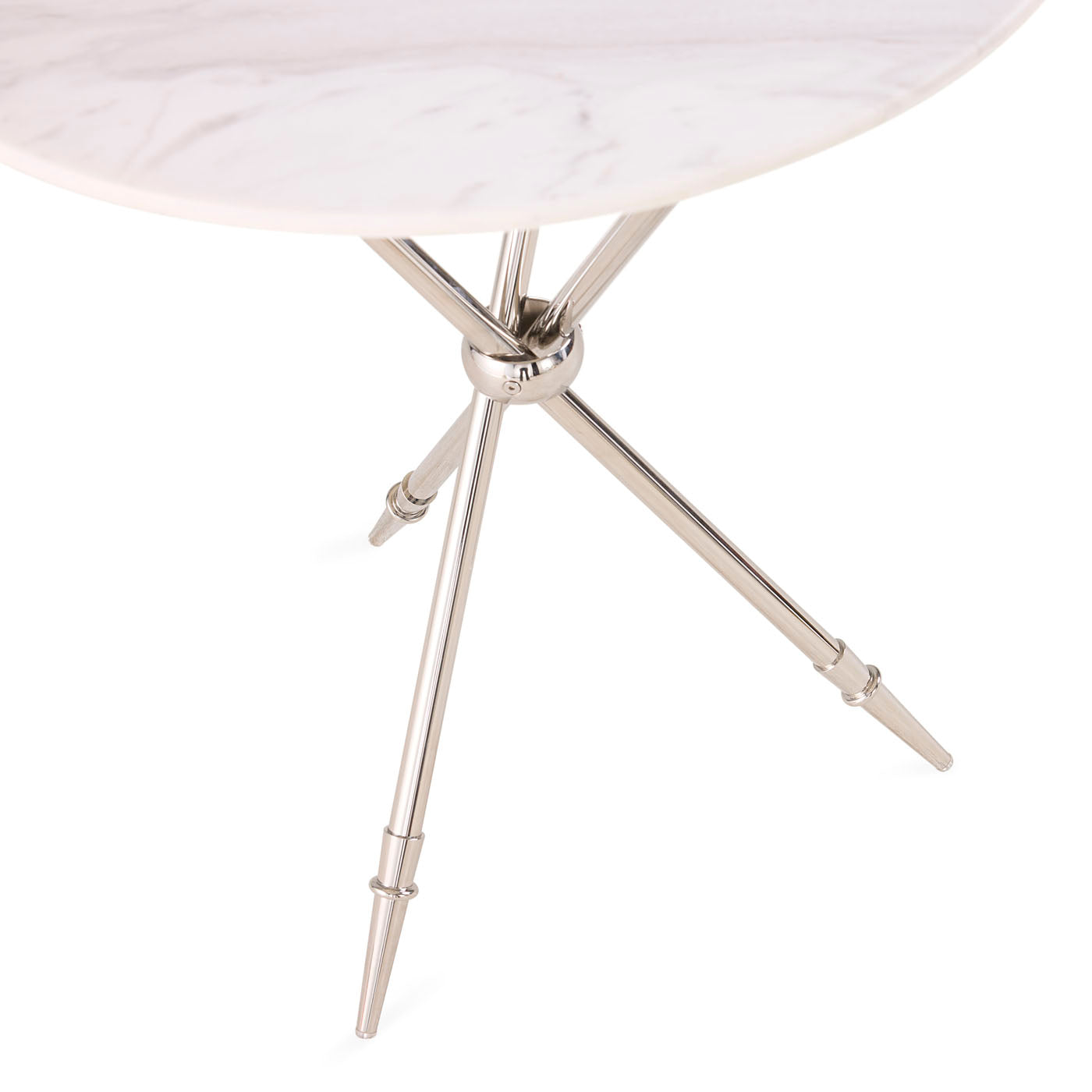 Close-up of a chair with a white cushioned seat and metallic legs on a white background