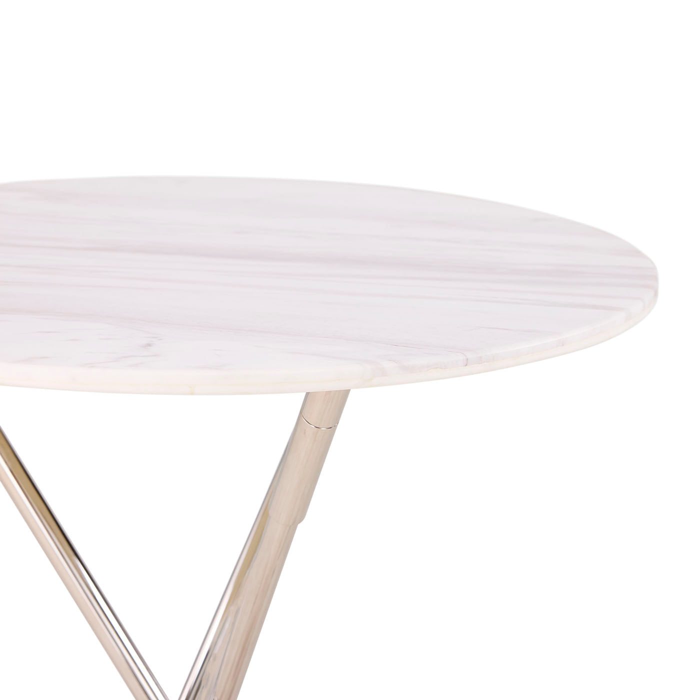 Round marble table with a white base on a white background