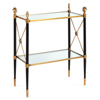 rider two-tier side table glass shelves black brass frame horse finials - angle view