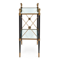rider two-tier side table glass shelves black brass frame horse finials - side view