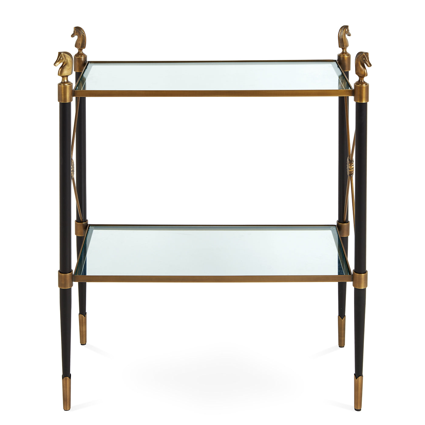 rider two-tier side table glass shelves black brass frame horse finials - front view