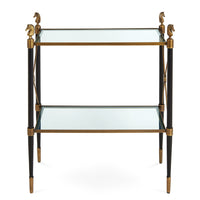 rider two-tier side table glass shelves black brass frame horse finials - front view