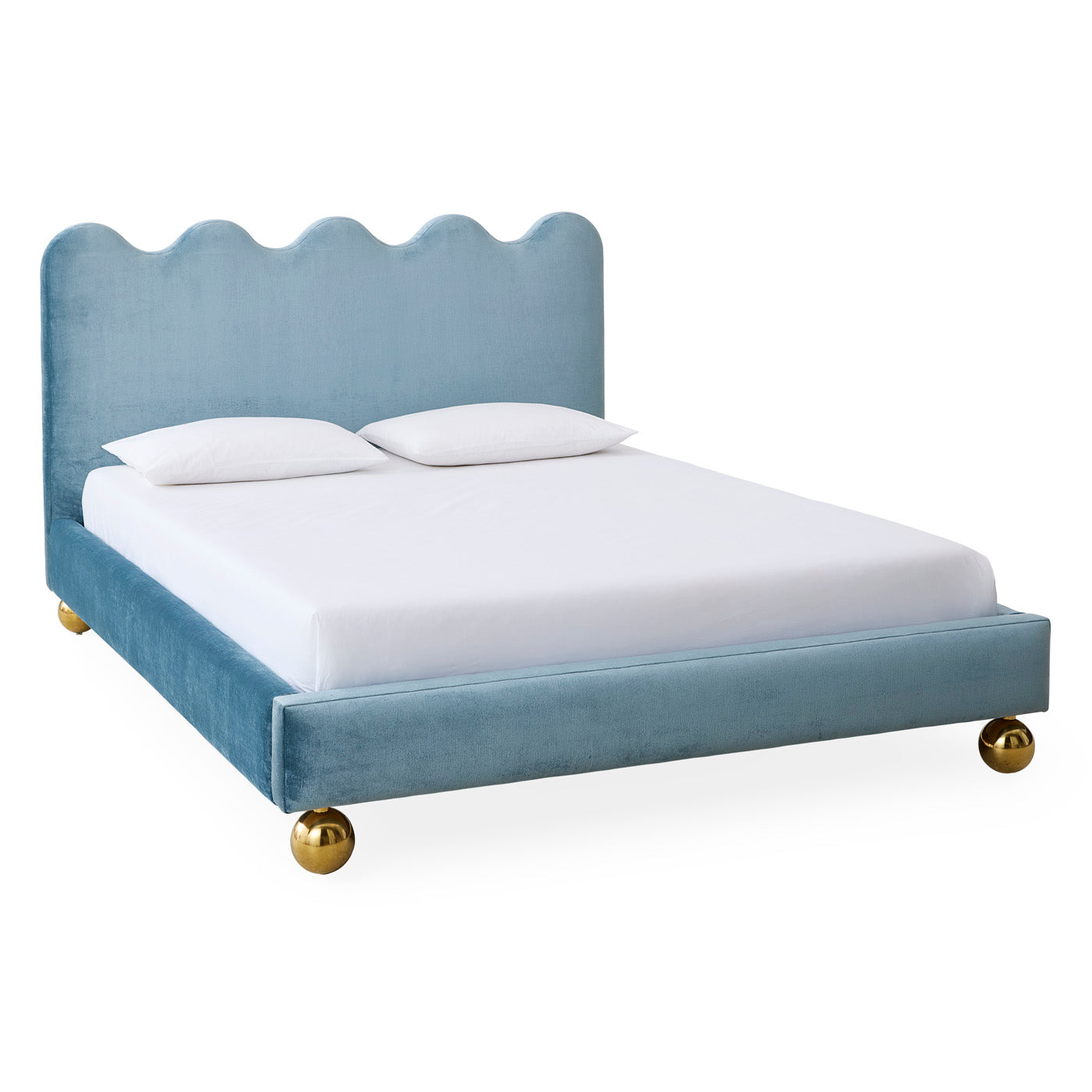 ripple queen bed brussels powder blue velvet brass orb feet - angle view