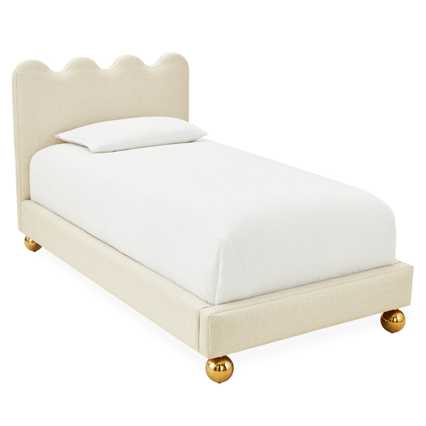 ripple twin bed dunbar sand linen brass orb feet - angle view