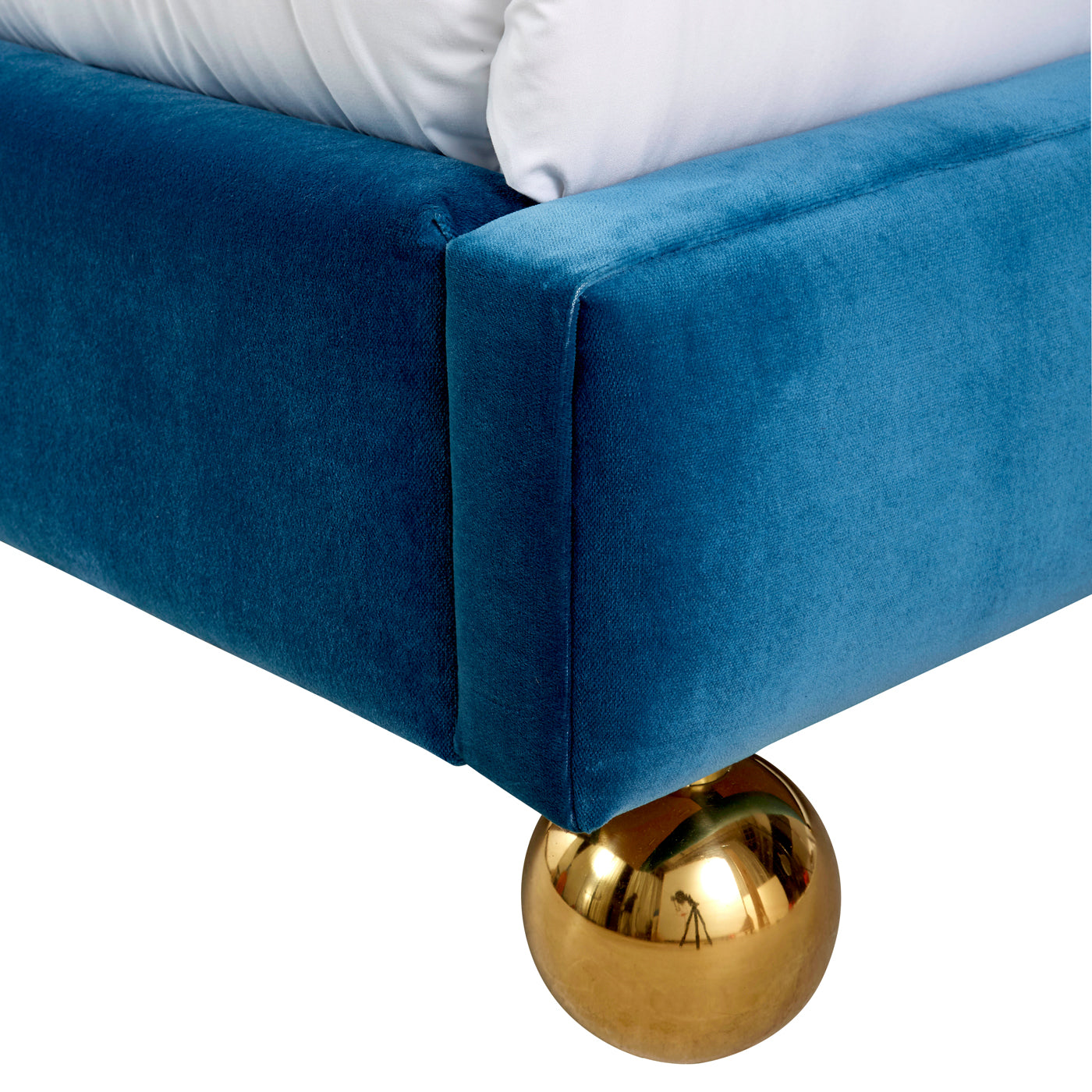 ripple queen bed venice peacock velvet feet brass orb - foot detail view