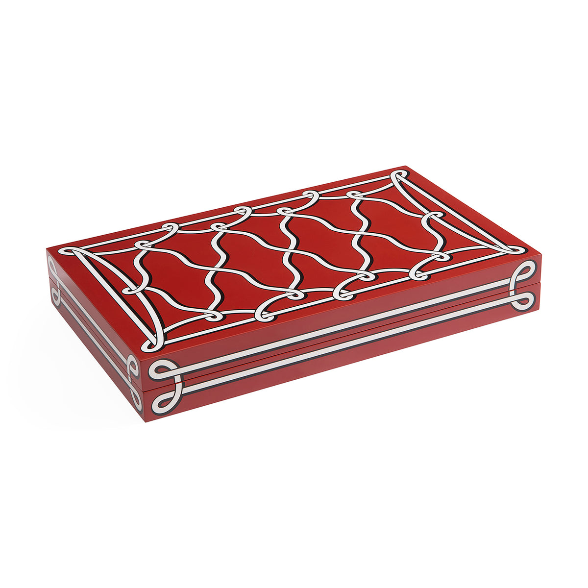 A rectangular red box with a white decorative lattice pattern on the lid, shown at an angle on a plain white background.