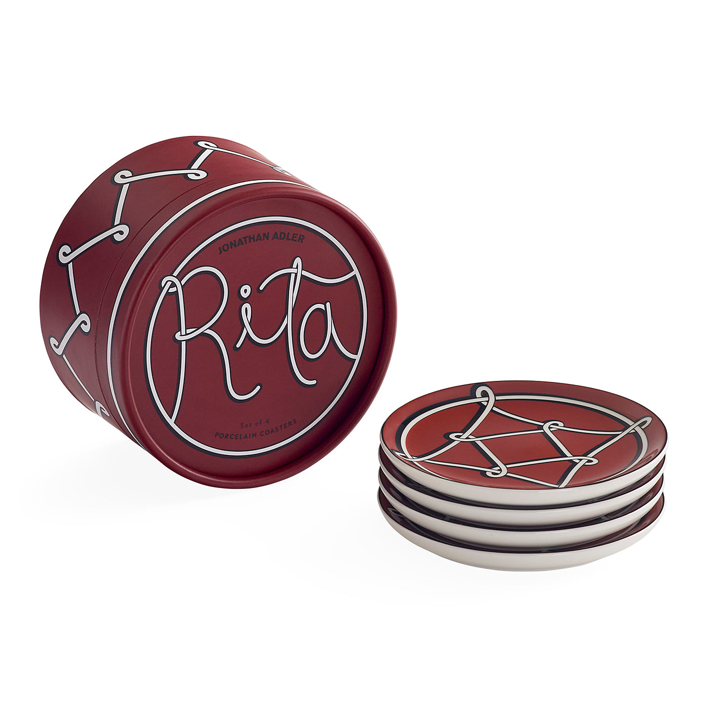 A set of four red coasters with white line-art designs, including one coaster standing upright to show the printed design and the others stacked to show the side profile.