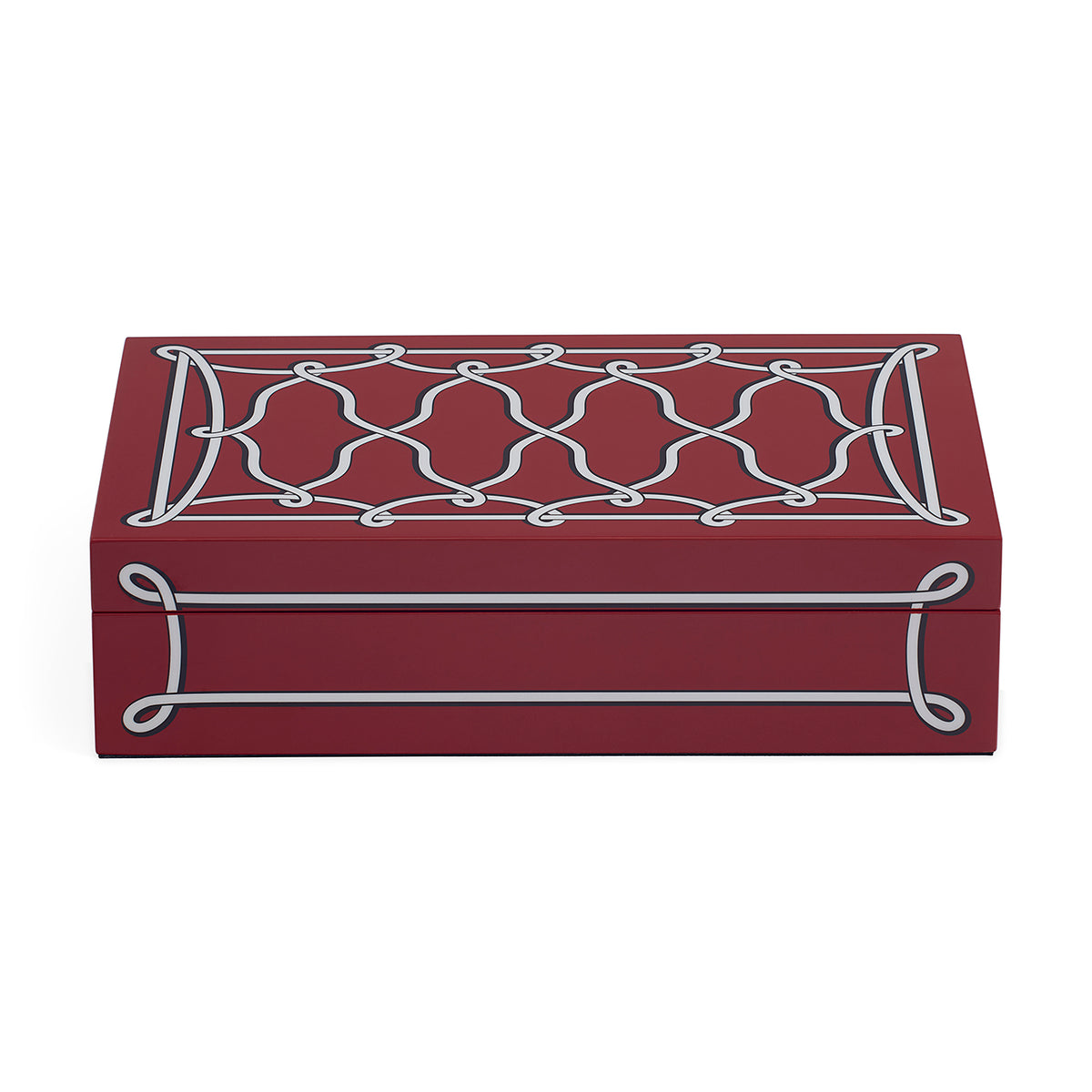 A rectangular red jewelry box with a silver trellis pattern on the lid, shown on a plain white background.