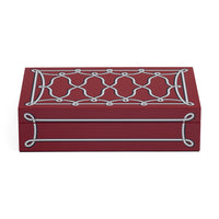A rectangular red jewelry box with a silver trellis pattern on the lid, shown on a plain white background.