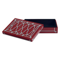 A rectangular red storage box with a hinged lid, shown open. The lid features a white decorative wavy line pattern, and the interior is lined in black.