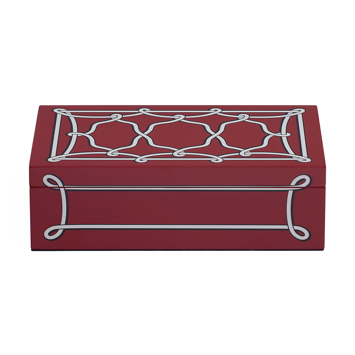 A rectangular red jewelry box with a silver geometric lattice pattern on the lid and front, shown on a plain white background.