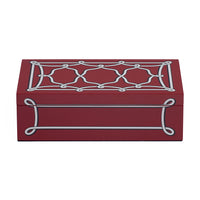 A rectangular red jewelry box with a silver geometric lattice pattern on the lid and front, shown on a plain white background.