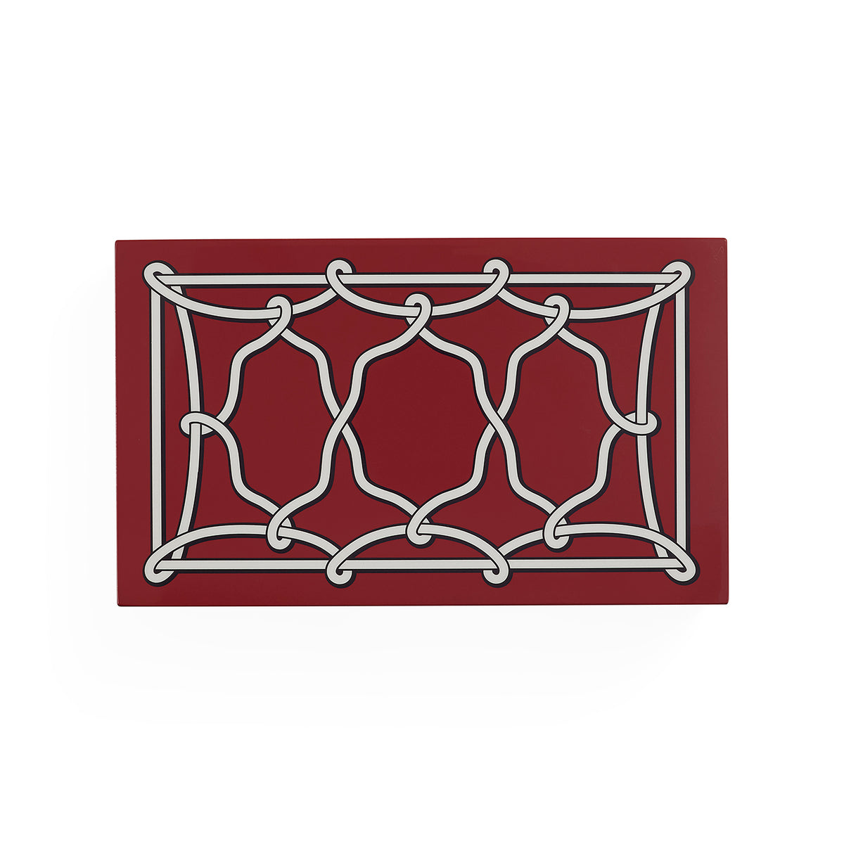 A rectangular red mat featuring a white interlocking knot-like geometric pattern, shown on a plain white background.