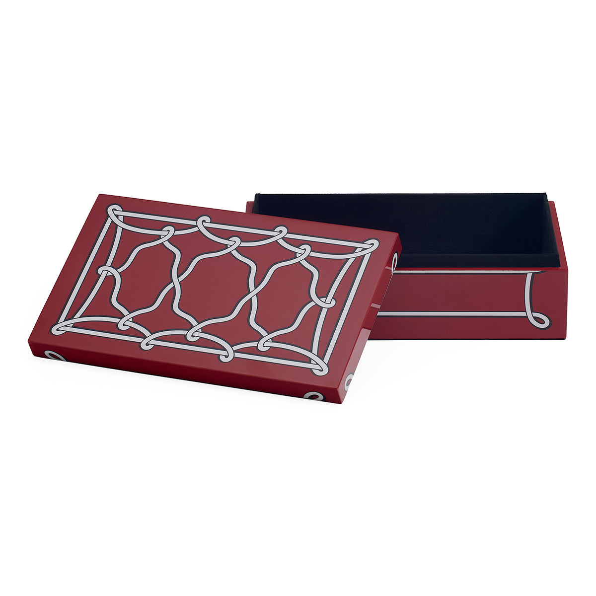 A rectangular red storage box with a matching lid, shown open on a white background. The lid features a white geometric lattice pattern, and the interior is lined in black.