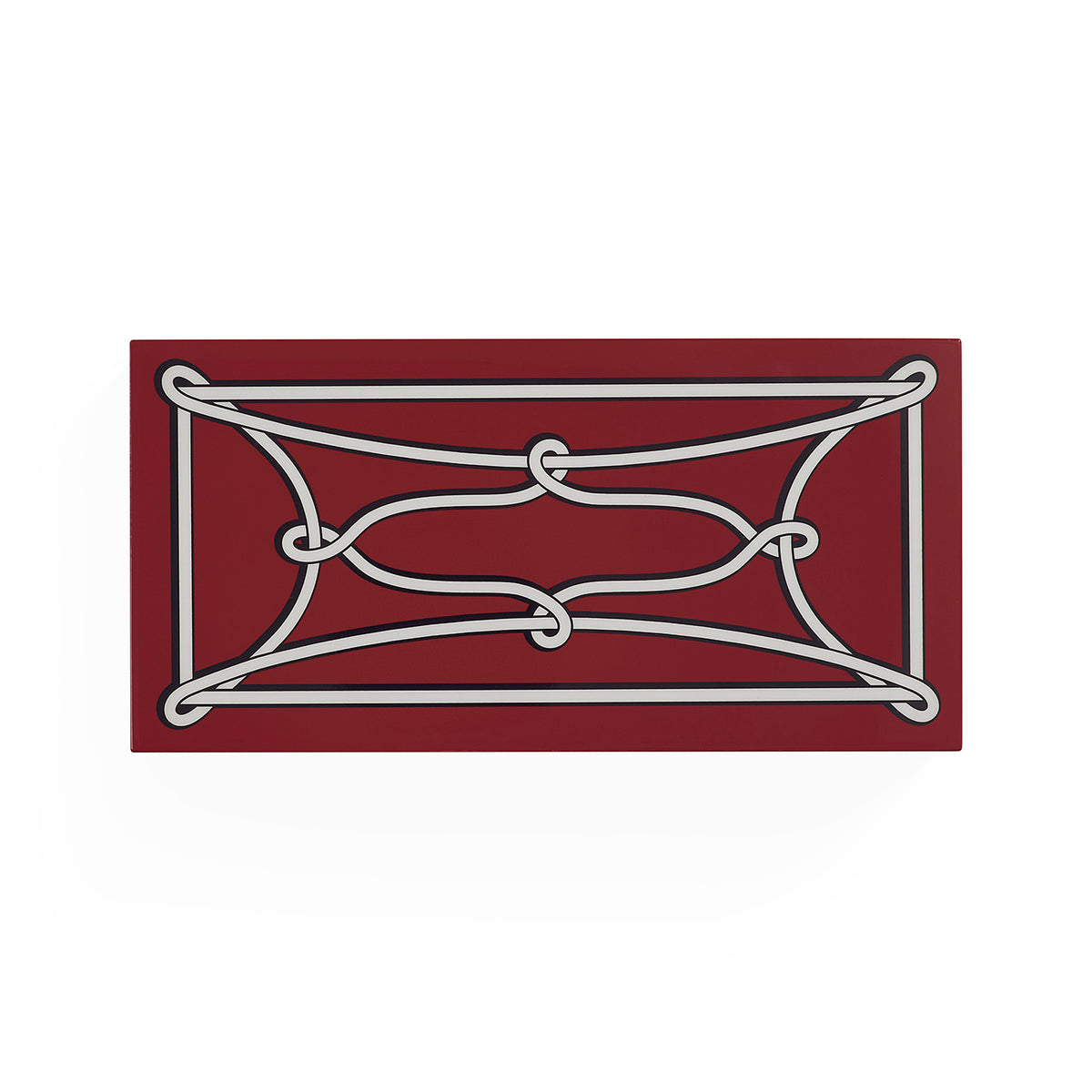 A rectangular decorative wall plaque featuring a white rope or cord wrapped in a geometric knot pattern over a deep burgundy background, shown against a plain white studio backdrop.