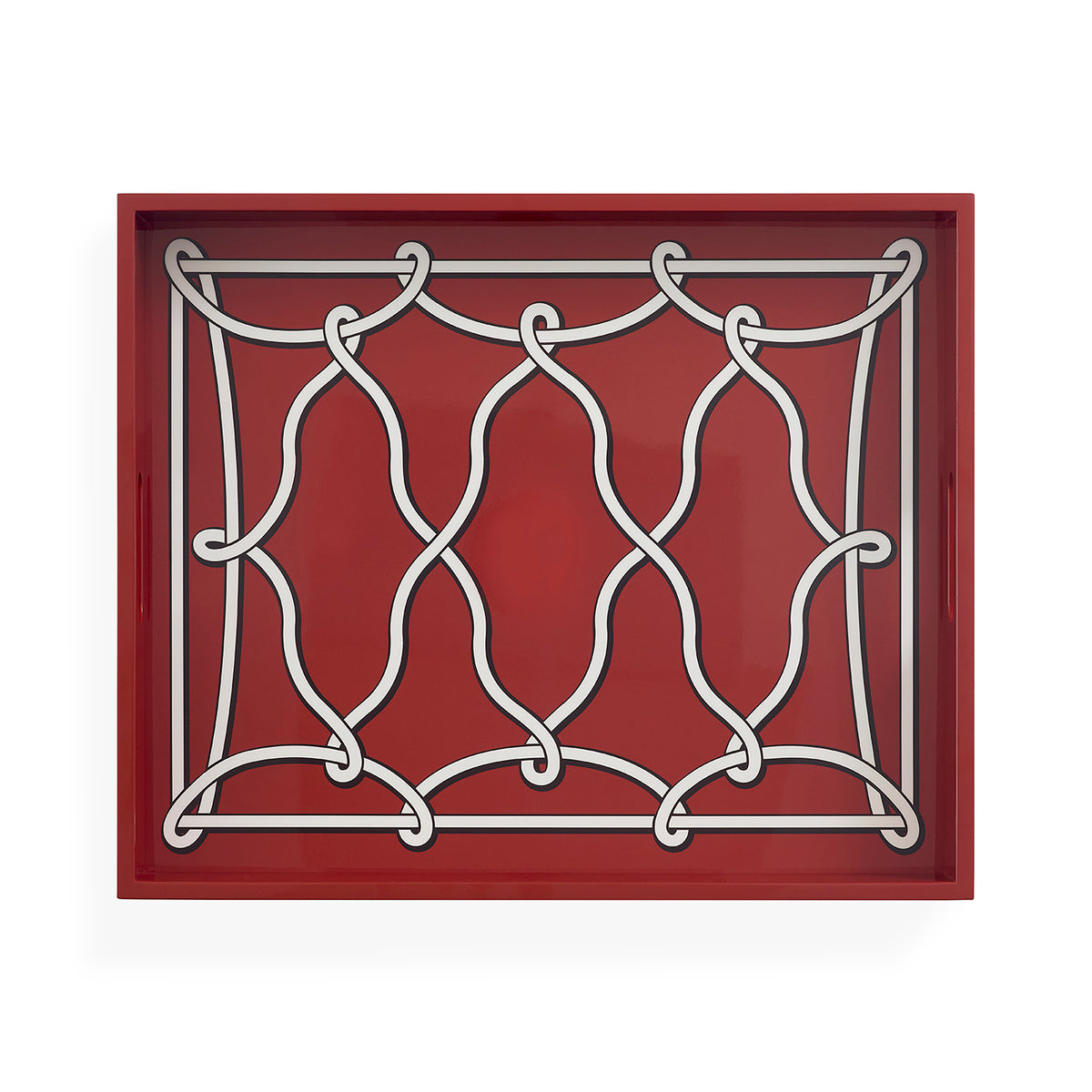 A square decorative wall art piece featuring a red background with a white interlocking geometric knot pattern, shown against a plain white background.