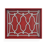 A square decorative wall art piece featuring a red background with a white interlocking geometric knot pattern, shown against a plain white background.