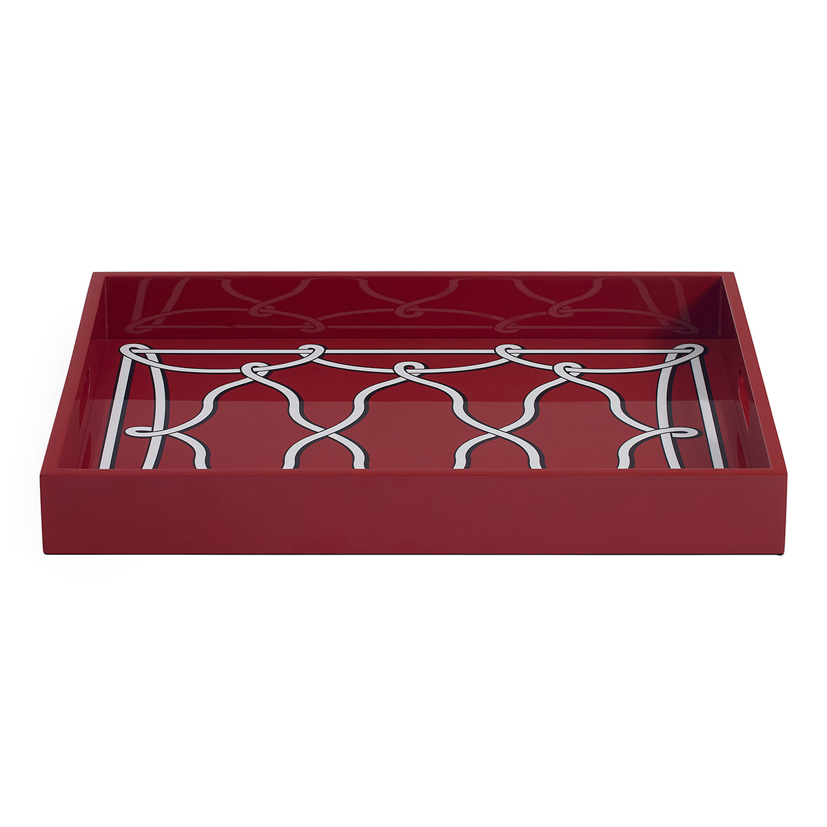 A rectangular red tray with a white metal wire lattice design on the bottom, shown against a plain white background.
