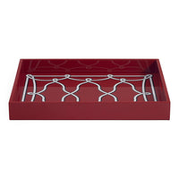 A rectangular red tray with a white metal wire lattice design on the bottom, shown against a plain white background.
