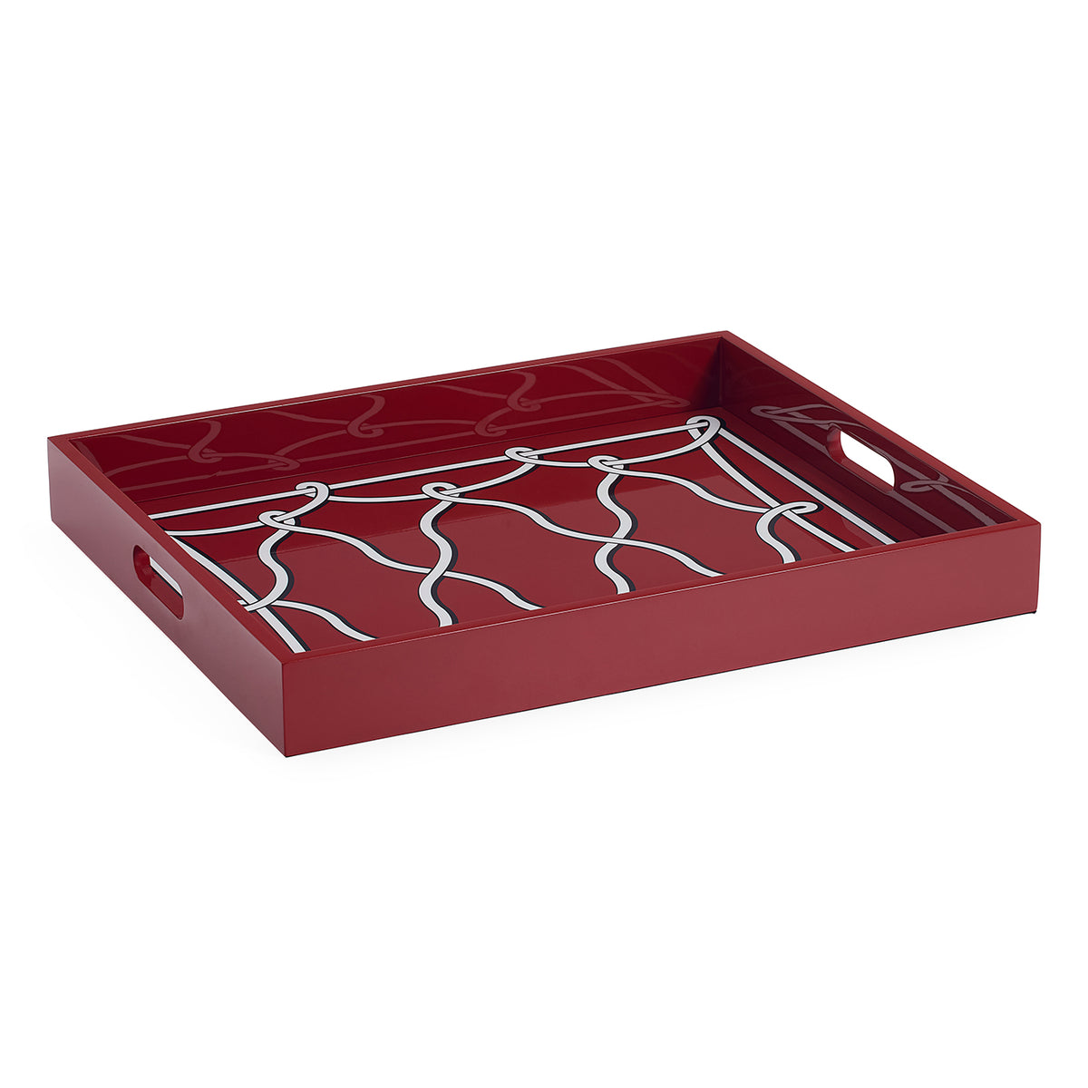 A rectangular red serving tray with cutout handles and a white wavy lattice pattern printed inside, shown on a plain white background.