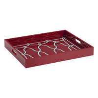 A rectangular red serving tray with cutout handles and a white wavy lattice pattern printed inside, shown on a plain white background.