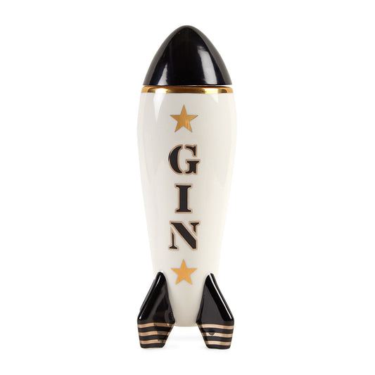 gin rocket decanter porcelain white black gold - front view